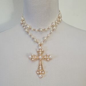 Gold Pearl Cross Necklace